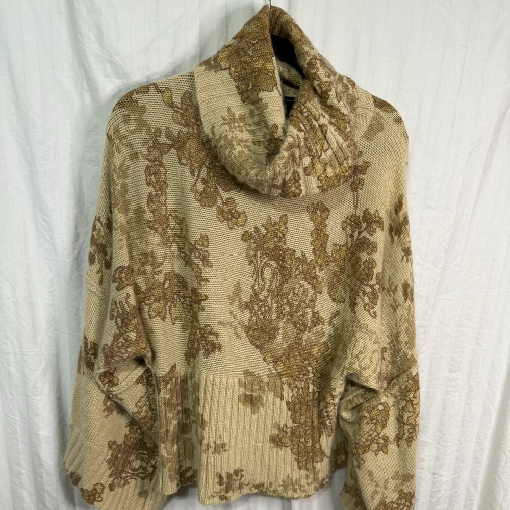 Calvin Klein Boho Floral Sweater Top – Brown, Beige/Camel, Cowl Neck & Kimono